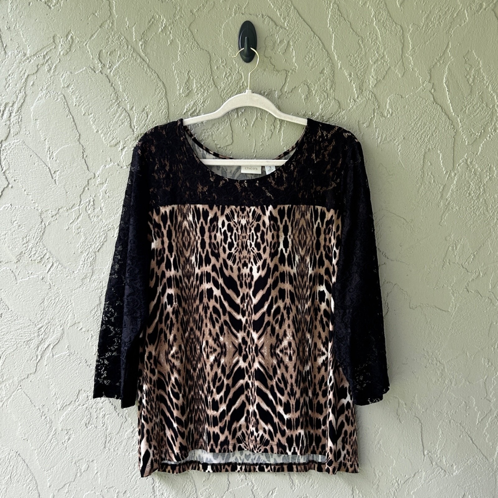 Chico's Women 3 Black Brown Xl Arabian Camel Multi Classically Wild Lace Tee Nwt